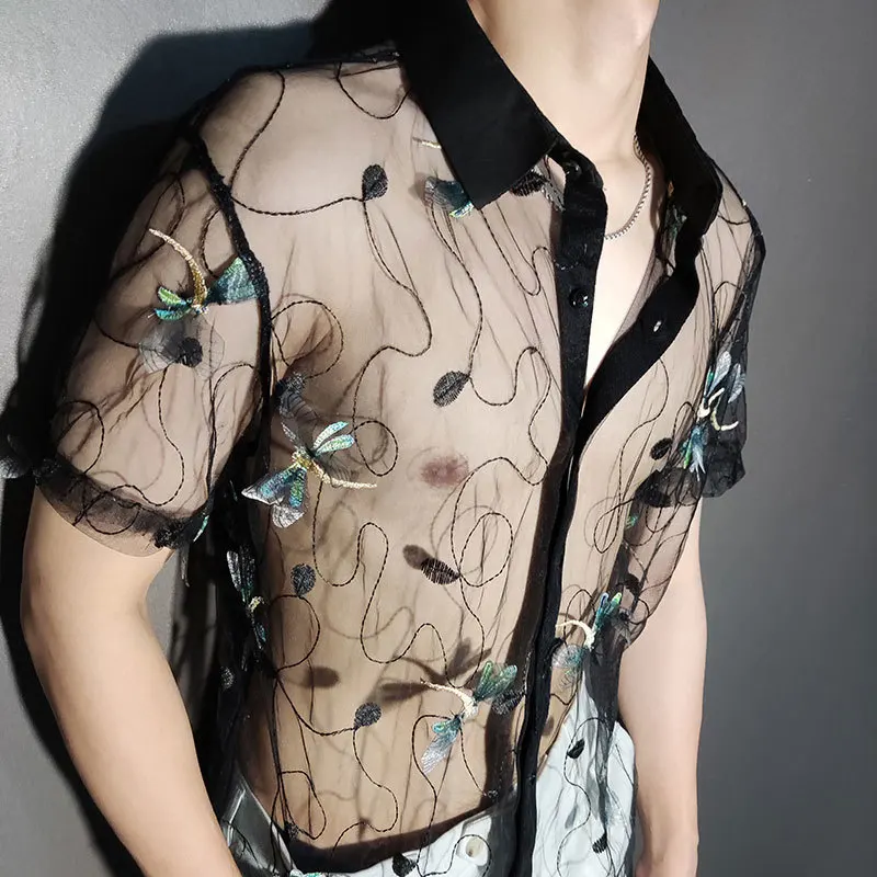 Three-dimensional Dragonfly Embroidery Shirt Trendy Transparent  Sexy Shirt Men Short Sleeve Clothing See Through Social Club