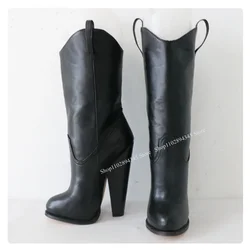 Black Matte Mid Calf Boots Cut Out Chunky Heel Pointed Toe Cool Sexy Fashionable Winter 2024 Woman Shoes Zapatillas Mujer