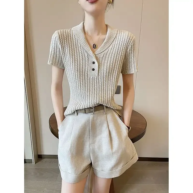 Women's College Style Polo Collar Twist Knit Short Sleeve T Shirt Old Money Style Slim Casual Top
