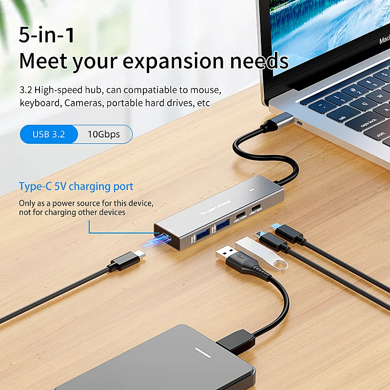 Blueendless Type c 4 port USB 3.2 gen 2 10Gbps High Speed 4 in 1 USB c Adapter for Mobile Laptop Adapter with 5V Charging port