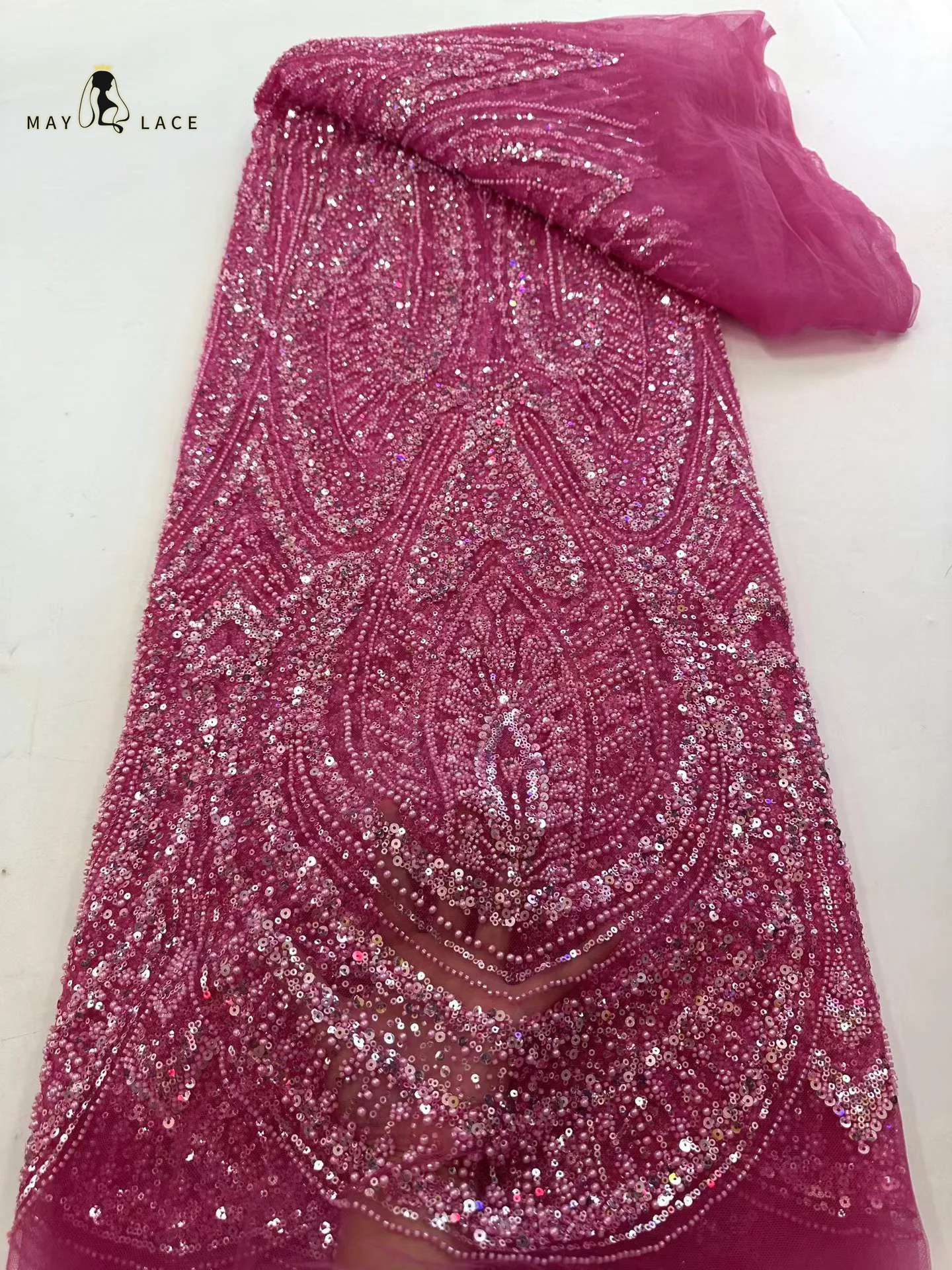 

African Beaded Lace Fabric 2026 High-Quality Nigerian Tulle Mesh Sequined Lace Fabric Suitable for Sewing Women's Dress Garments