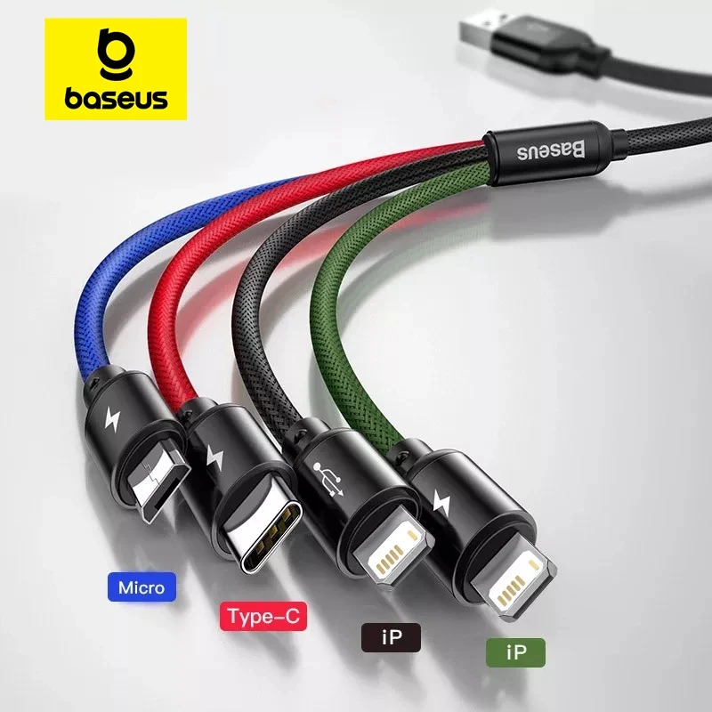 Baseus-Cable USB 3 en 1 para móvil, accesorios del teléfono móvil, Cable Micro USB 4 en 1 para iPhone 11, 8, Xr, Samsung S20, Redmi Note 9s