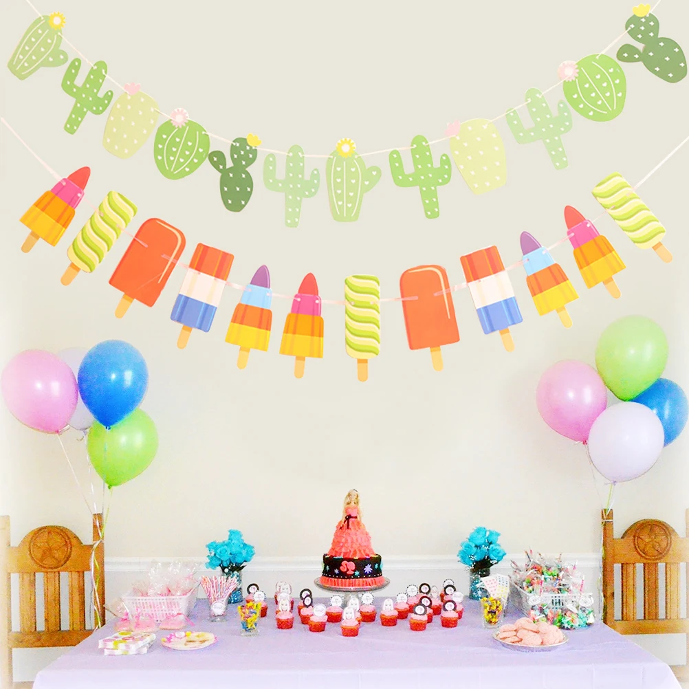 

2Pcs Birthday Party Bunting Decoration Summer Themed Cactus Colorful Ice Cream Shape Flag Decorative Streamer for Outdoor Indoor