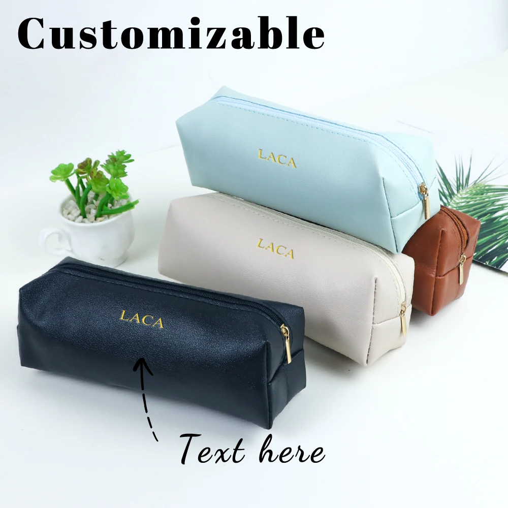 Customized Letter Name PU Leather Business Office Pencil Case, Makeup Brush Organizer Makeup Storage Bag