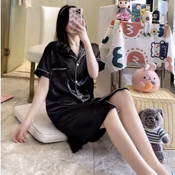 Sexy Women Nightgown Lapel Short Sleeve Sleepshirts Satin Silk Cardigan Nightdress Hot Nighty Summer Nightgowns Mini Pajamas