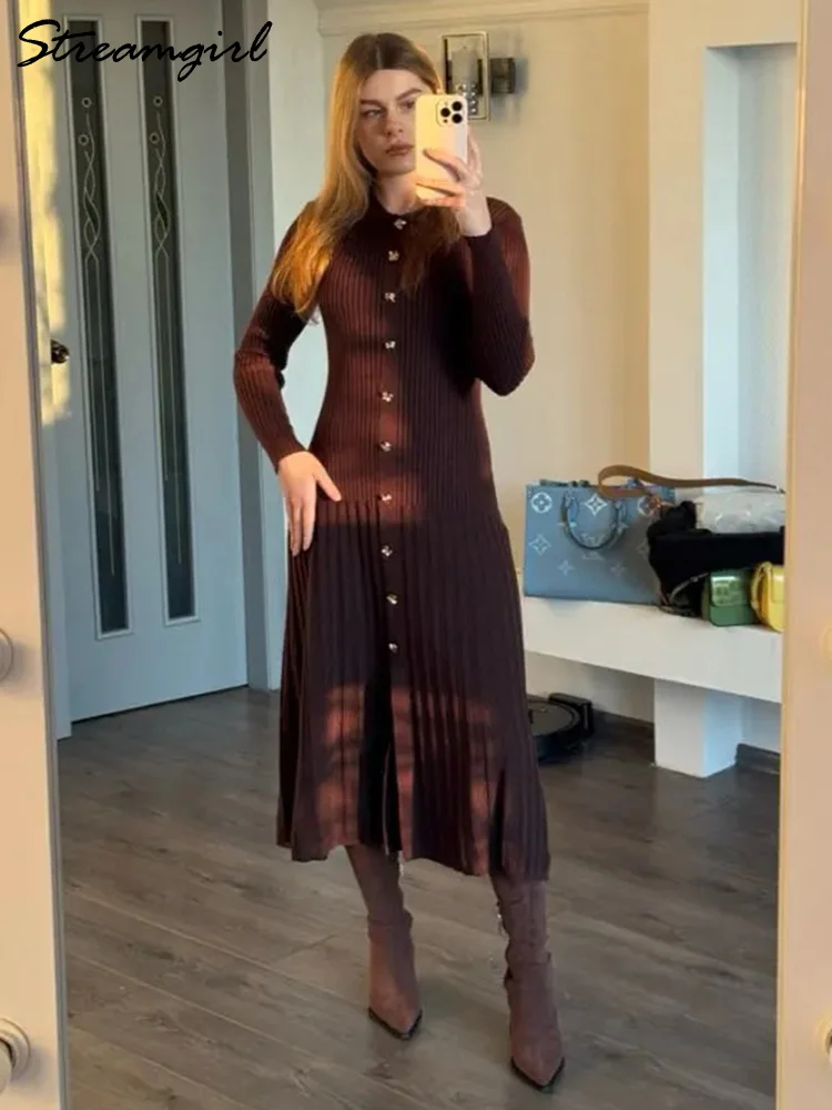 Streamgirl Women Burgundy Dresses Long Sleeve Polo Midi Knitted Dress Transparent Swing Maxi Brown Elegant Dresses For Women