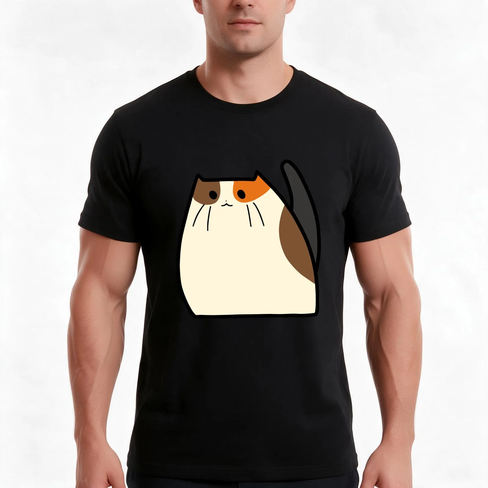 Chubby Calico T-Shirt, Summer Casual Cotton Tee, Oversized Streetwear Tops, Vintage Graphic Print, Loose Fit Short Sleeve