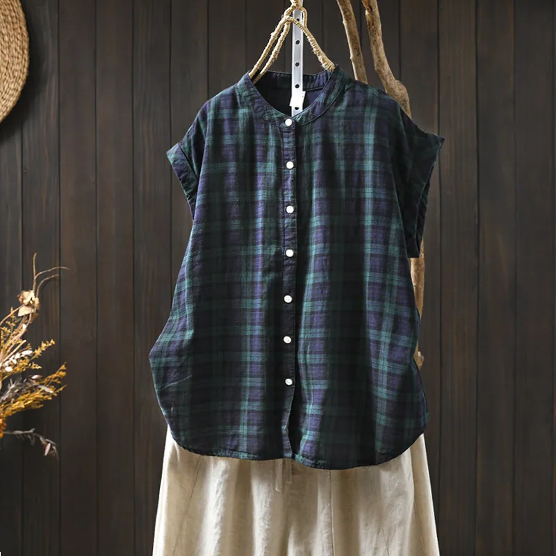 

plus Size Women's Shirt Summer 2026 Plaid Sleeveless Top with FLYING SLEEVES Commute Style Straight Cut Breathable Regular Th...