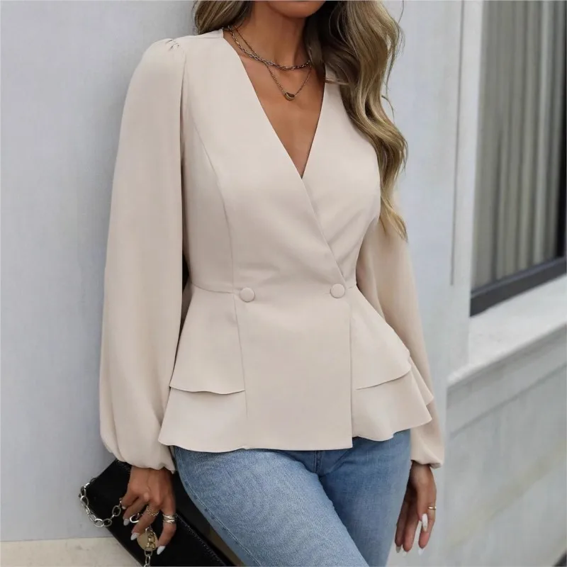 レディースエレガント通勤シャツ無地 V ネックランタンスリーブフリルシャツオフィススリムトップ秋のファッション女性のブラウス