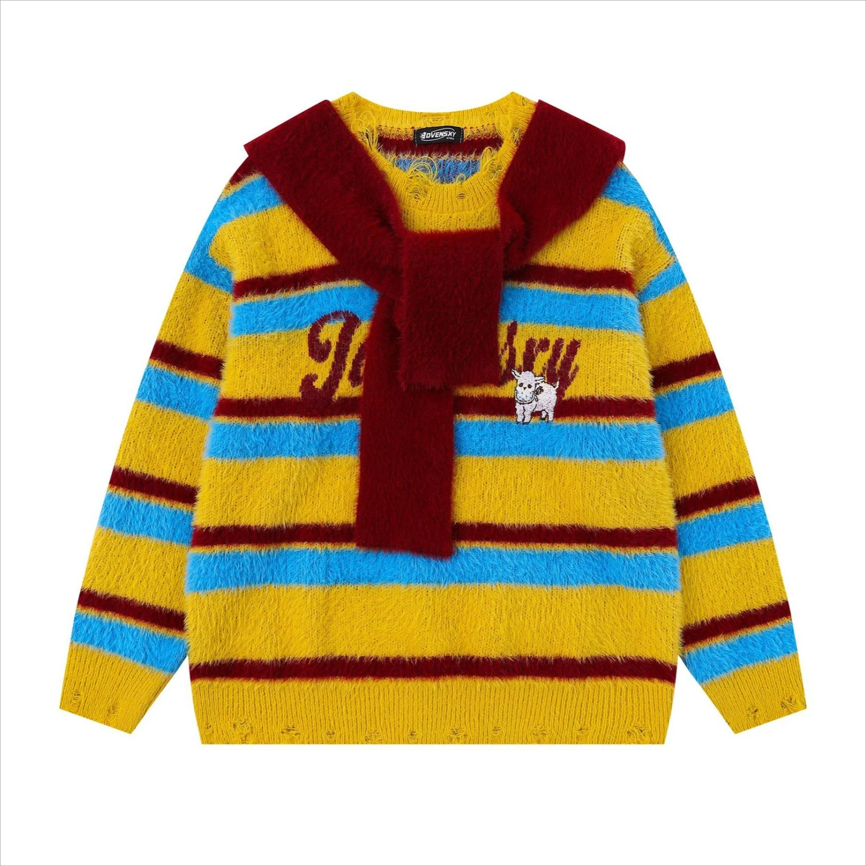 

Американский полосатый съемный свитер с шалью в стиле ретро для мужчин и женщин, рваный трикотаж, осень-зима 2025, вязаный свитер, топ