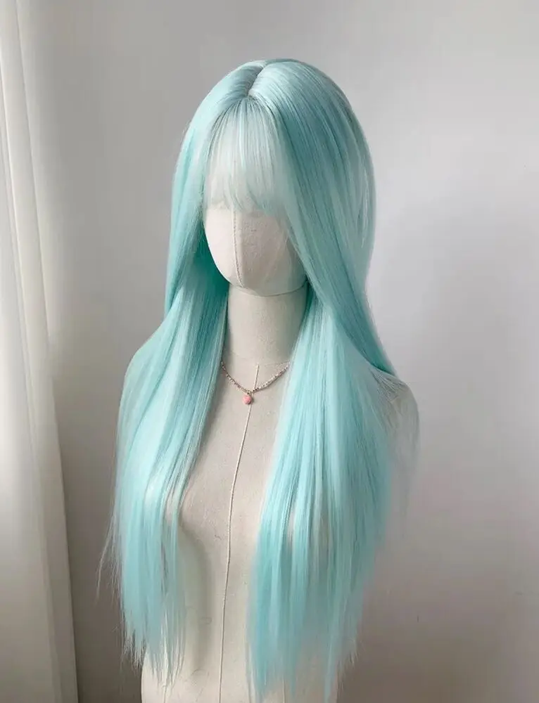 female mint blue long straight hair air bangs wig23inch