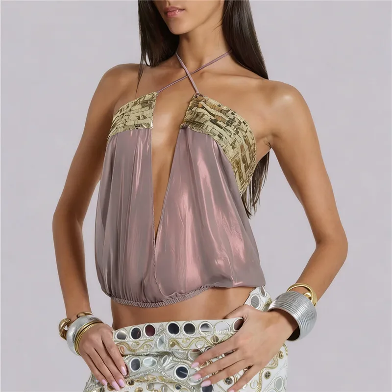 Hirigin Top corto de verano transparente sin espalda con lazo, estilo halter, con lentejuelas y patchwork, abertura frontal, sexy, para mujer, camisa sin mangas para playa