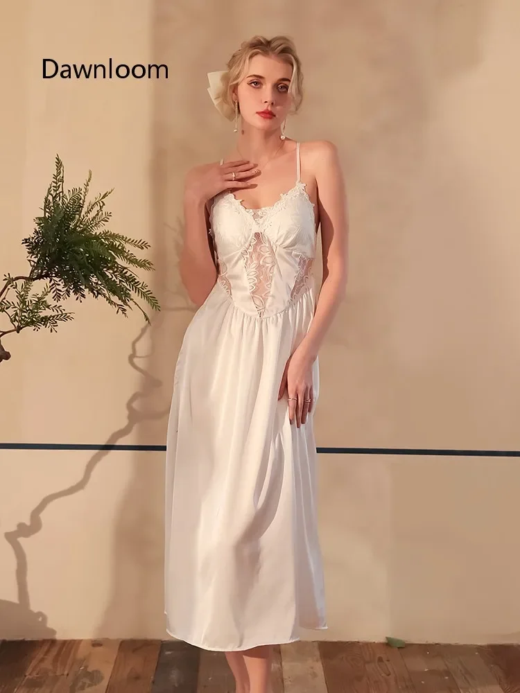 

Dawnloom White Satin Lace-Spliced Thin Strap Long Nightgown for Women Luxury Elegant Sexy Bride's Wedding Morning Robe