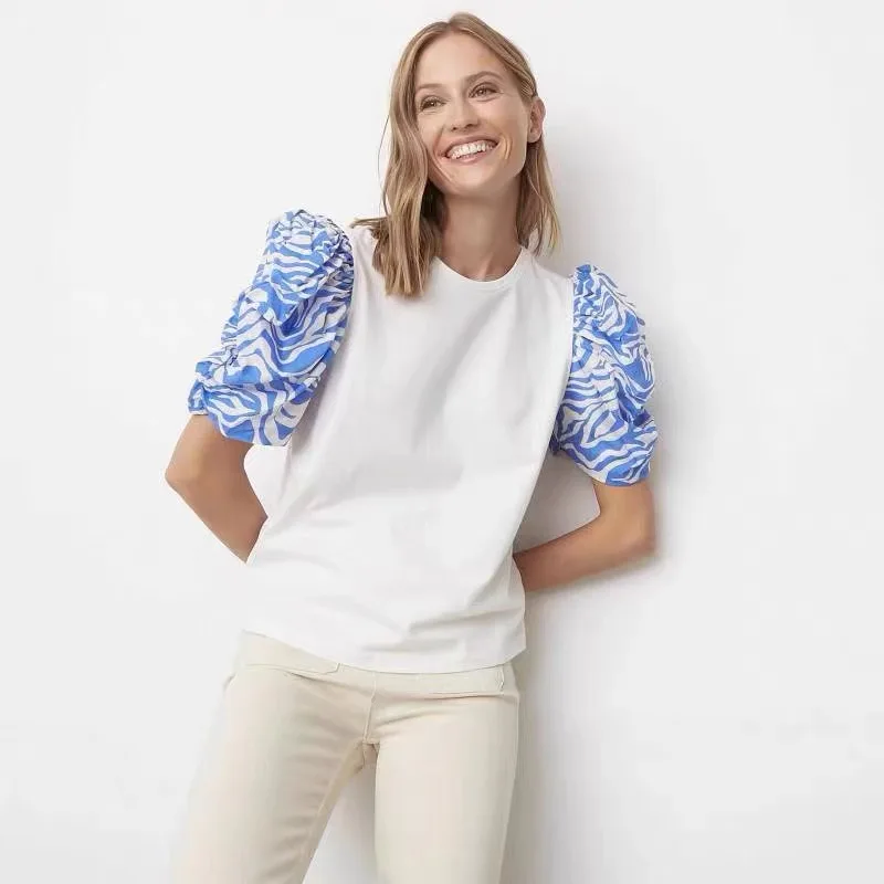 

Foreign Trade Original Order Spain New Women's Short Sleeve T-shirt Summer Round Neck Bubble Sleeve Cotton Top