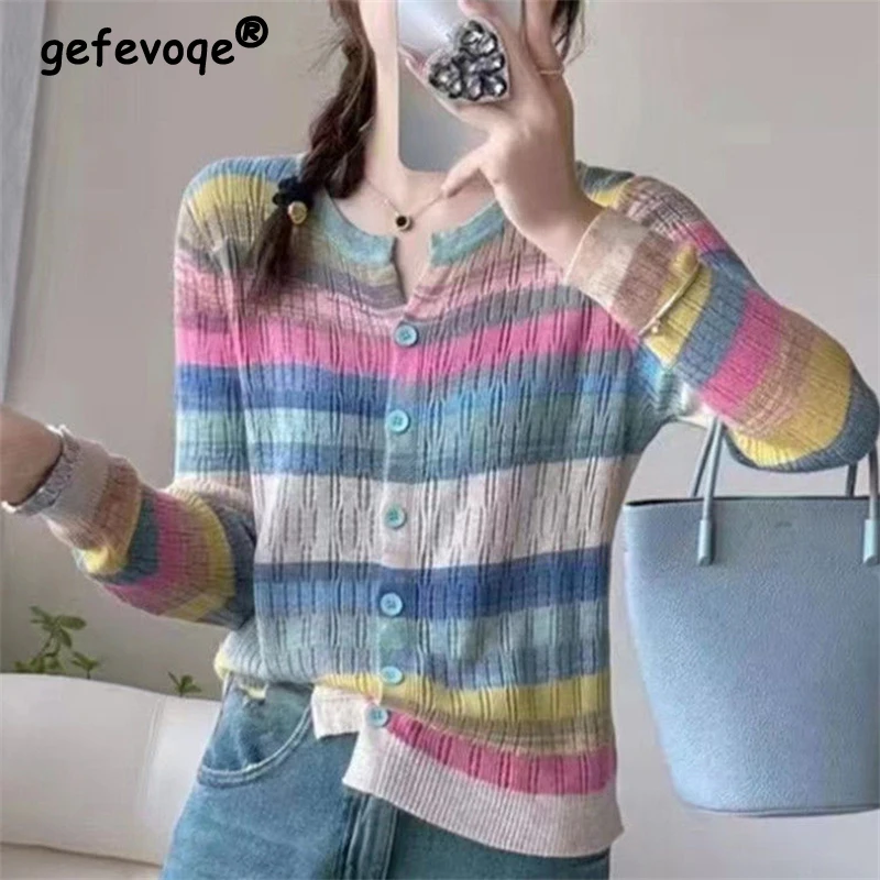 Women Trendy Rainbow Striped Sweet Chic Cute Button Knitted Cardigan Y2K Female O Neck Hollow Long Sleeve Slim Soft Sweater Coat