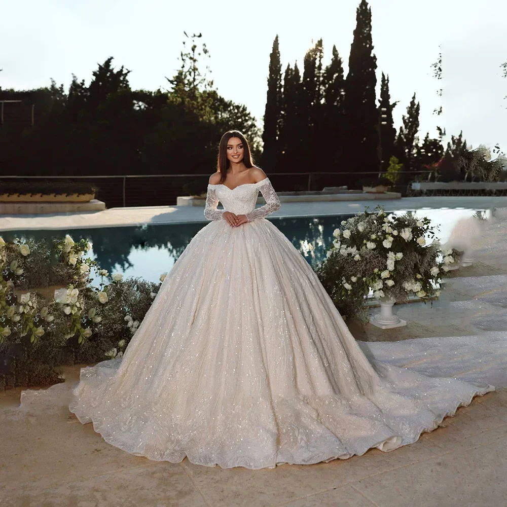 

Flavinke Customized A Line Bridal Gowns Boat Neck Long Sleeve Sequins Lace Wedding Dresses High Quality Princess Bride Dresses