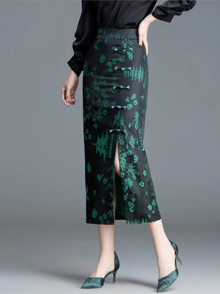 

ZUZK Spring Autumn Chinese Style Fashion Vintage Jacquard Skirt 2024 Elastic Waist New Satin Slim Fit Split One Step Skirt