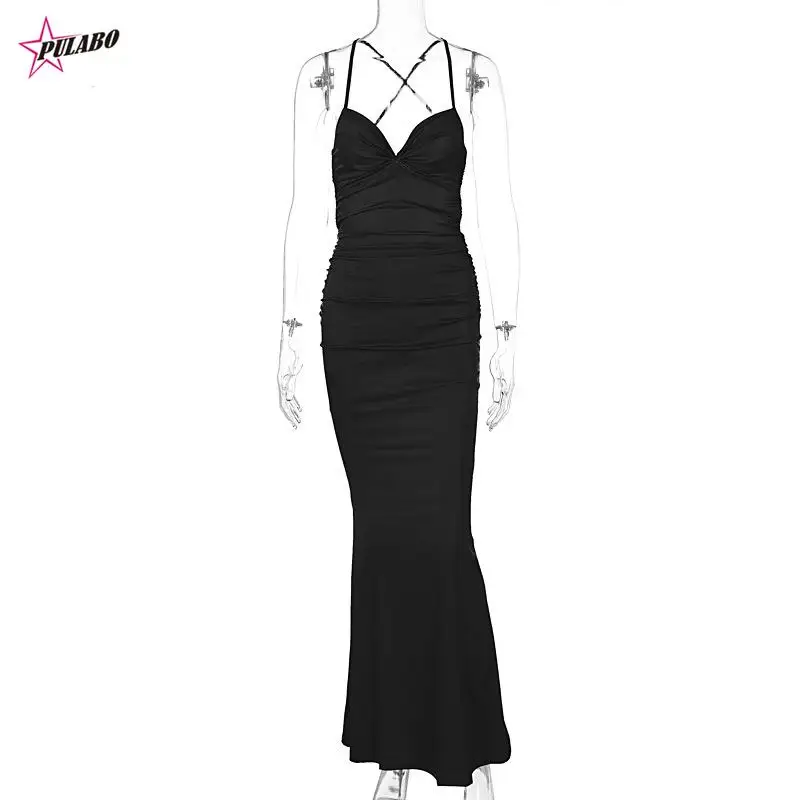 PULABO Summer Flods Ruched Black Long Dress Women Backless Sexy Party Maxi Red Evening Dress Satin Bandage Pink Bodycon Dress