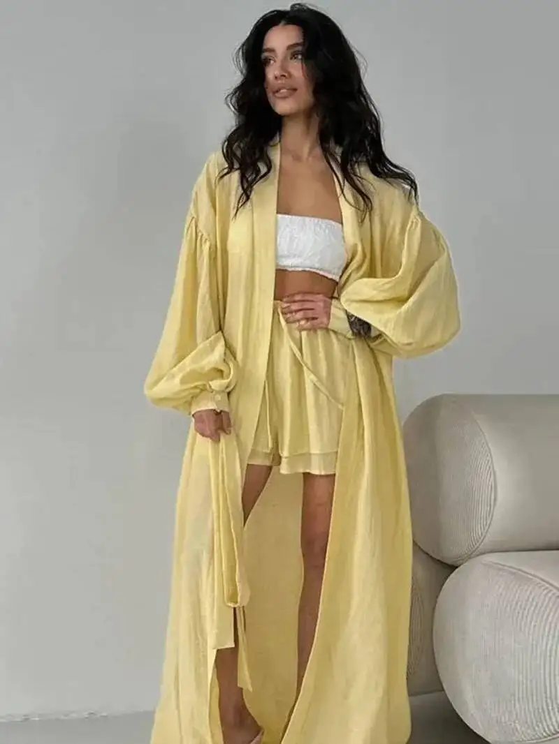 

Модный женский длинный кардиган, шорты, комплект с воздушными шариками, короткие штаны на шнуровке, однотонные комплекты, летний женский элегантный костюм из 2 предметов OX7A