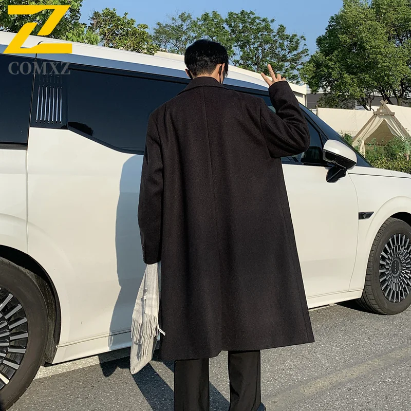 COMXZ Long Wool Overcoat Men Korean Style Autumn Winter Fleece Lined Thickened Woolen Trench Casual Travel Windproof Garment