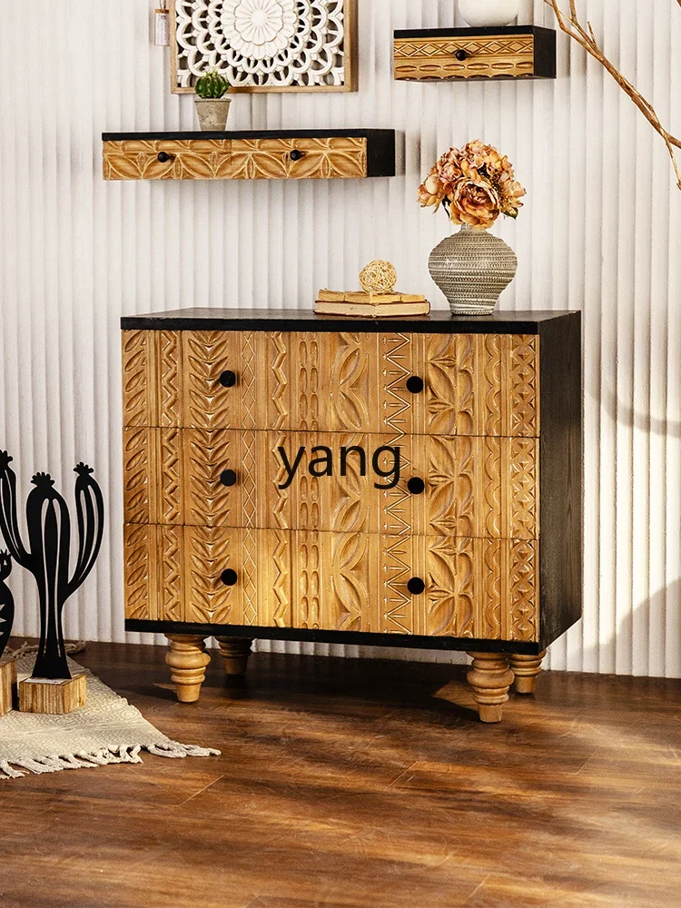 Yjq Solid Wood Chest of Drawers Vintage Engraving Entrance Decoration Quiet Style Living Room Bedroom B & B Storage