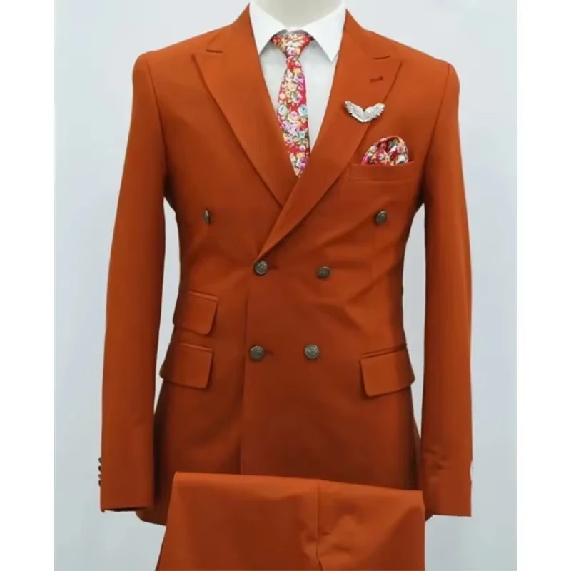 Navy Blue Double Breasted Men's Suits Six-buttons 2 Piece Set Blazer Pant Custom Made Wedding Tuxedos Male Prom Party Suits