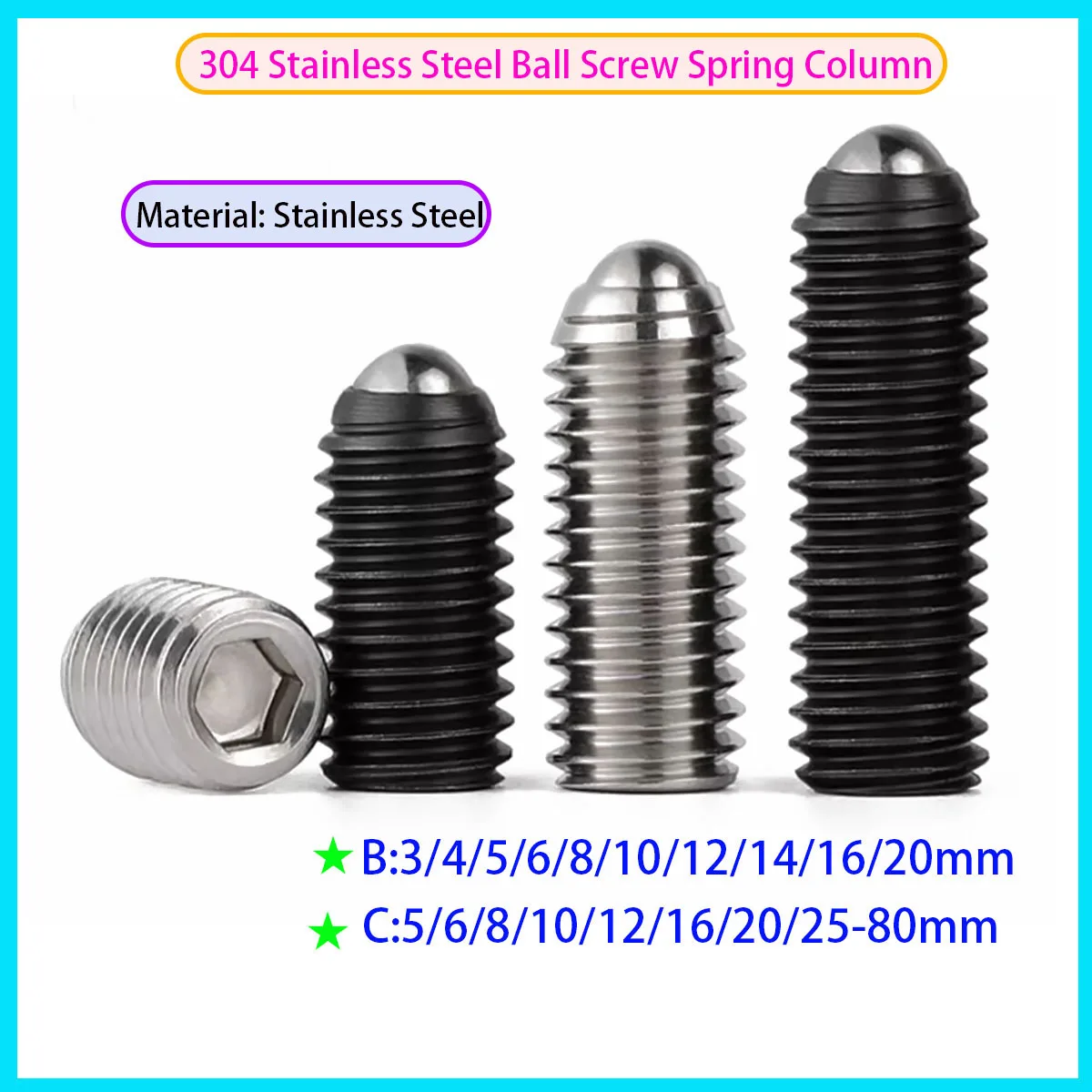 

304 Stainless Steel Headless Bolt Pointed Fixing Screw Hexagonal Spring Ball Plunger