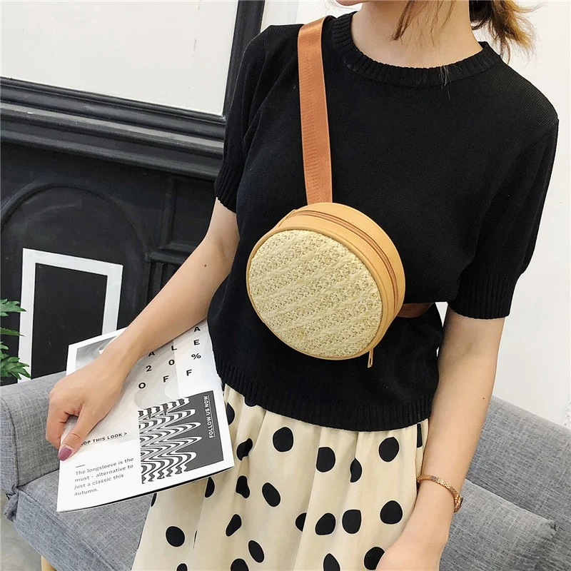 Sac à main en rotin tissé pour femmes, petit sac ceinture en paille, sac banane rond, sac d'été en cuir, mini sac de plage pour femme