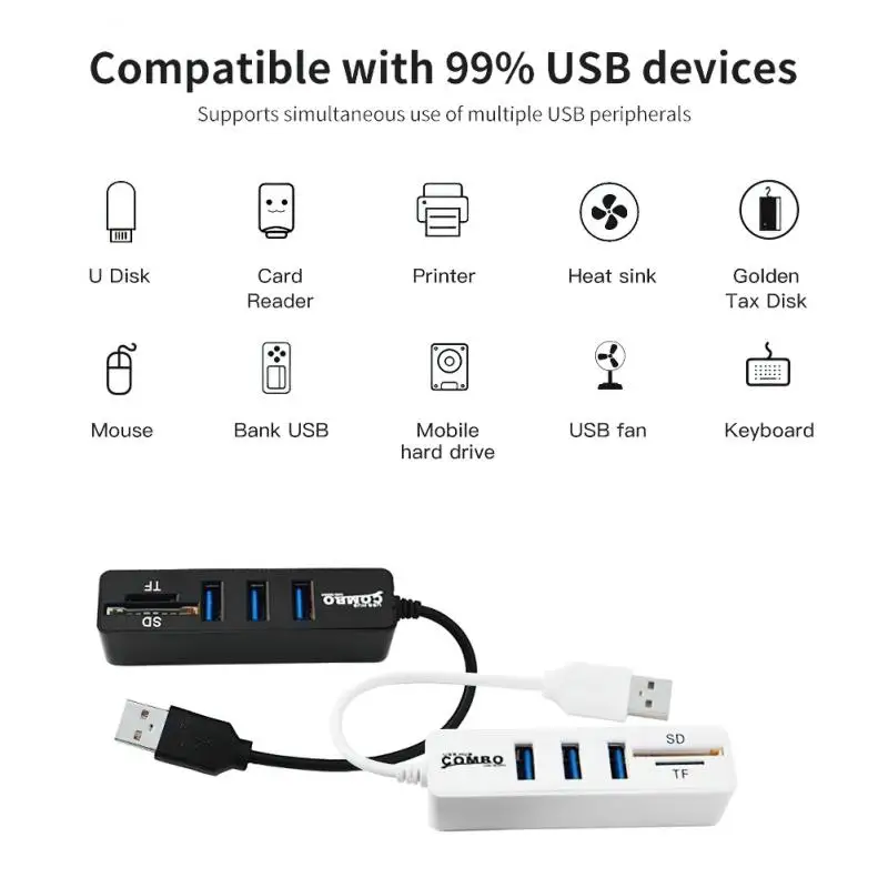 KEBETEME Hot koop 2 in 1 Combo Super Speed USB 2.0 3 Port Splitter HUB + Usb-kaartlezer groothandel