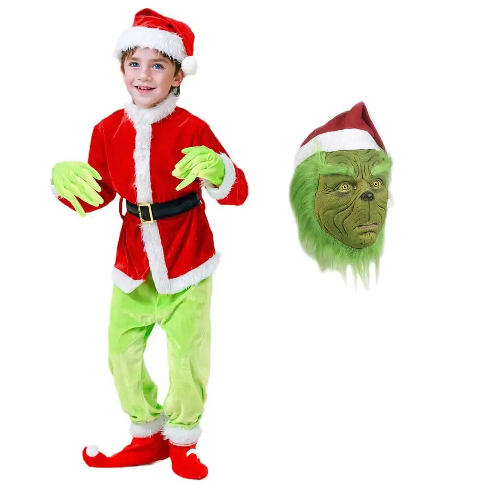 Niños Navidad Santa Claus divertido Cosplay Grinches disfraz chaqueta pantalones sombrero traje máscara niños fiesta disfraz de Halloween