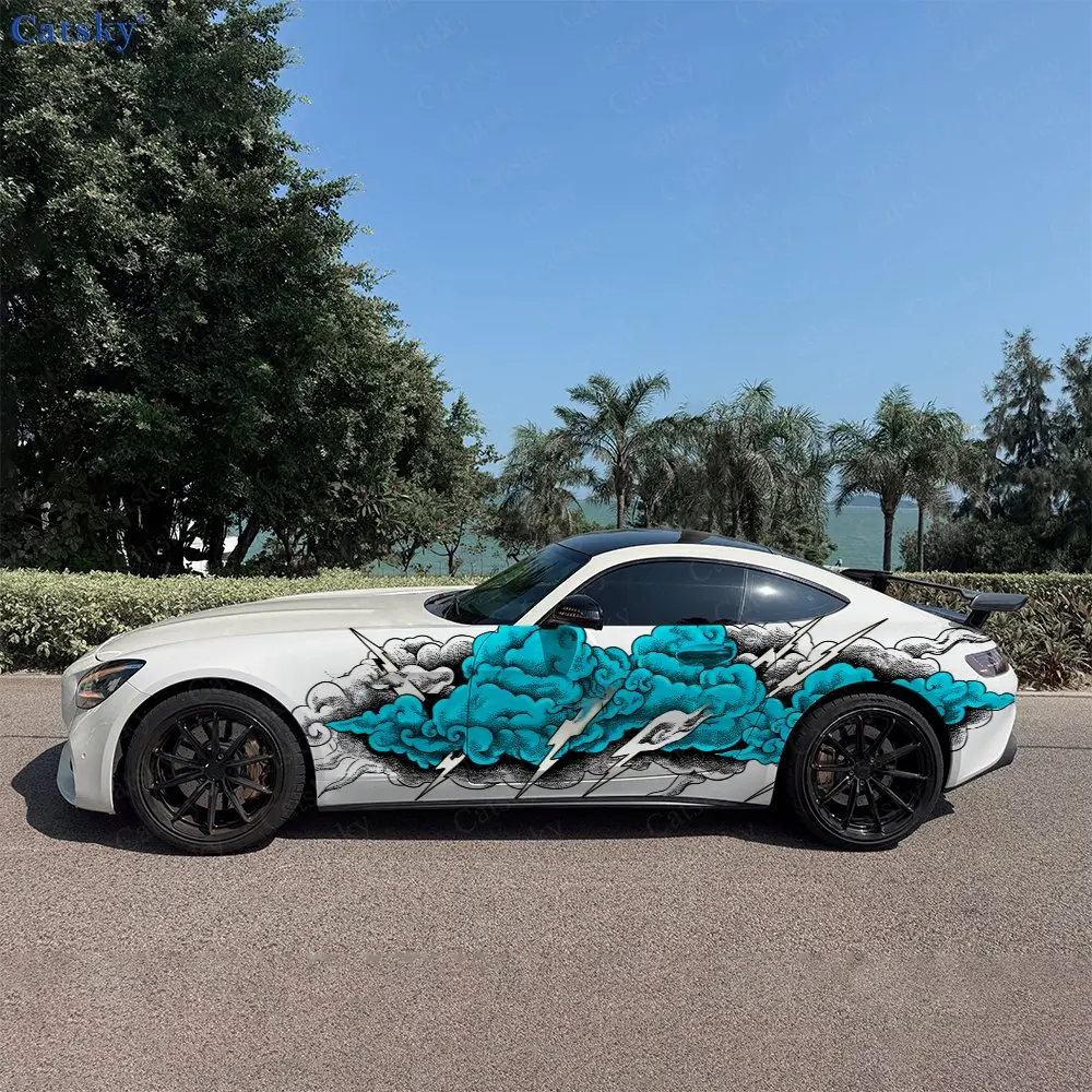 2pcs Ukiyo-e Cloud Lightning Car Side Wraps, Self-Adhesive PVC Waterproof & Scratch-Resistant Stickers, Car Accessory Gift