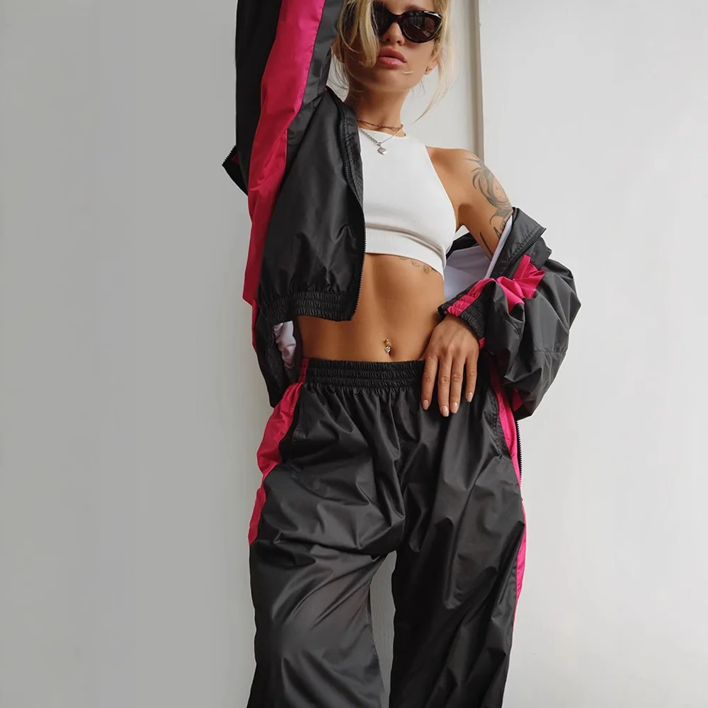 

Casual Women's Tracksuit Loose Zip Up Colorblock Tracksuit Fashion Long Sleeve Matching Two Piece Set Wide Leg Sport Pants