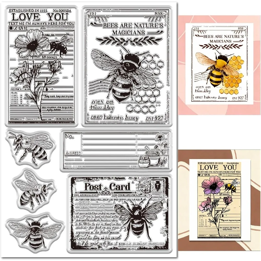 Transparenter Stempel mit Bienen-Hintergrund für die Kartenherstellung, Honigblumen, Segensworte, transparente Gummistempel, wiederverwendbar für Journaling