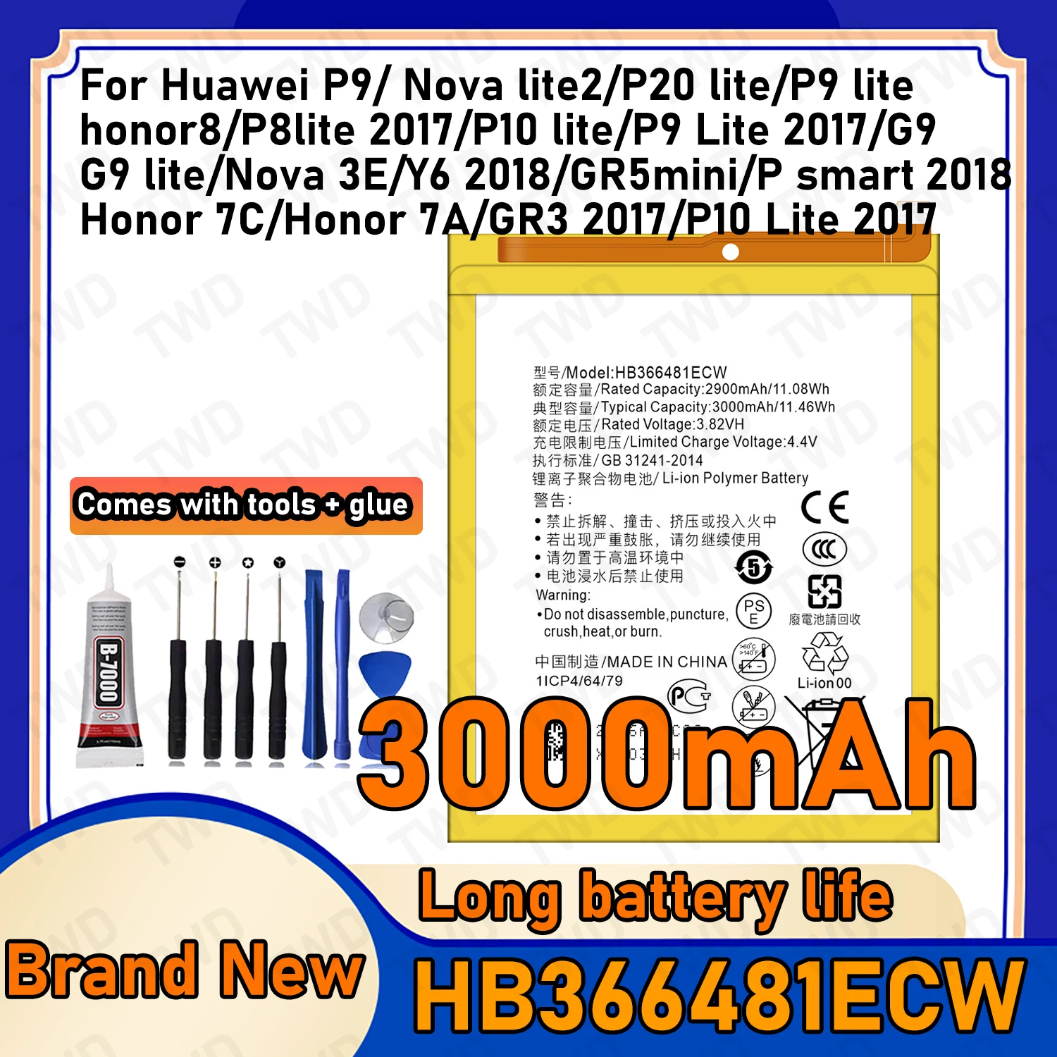

HB366481ECW Large capacity Battery For Huawei P9/ Nova lite2/P20 lite/P9 lite/honor 8/P8 lite 2017 Batteries New High Quanlity