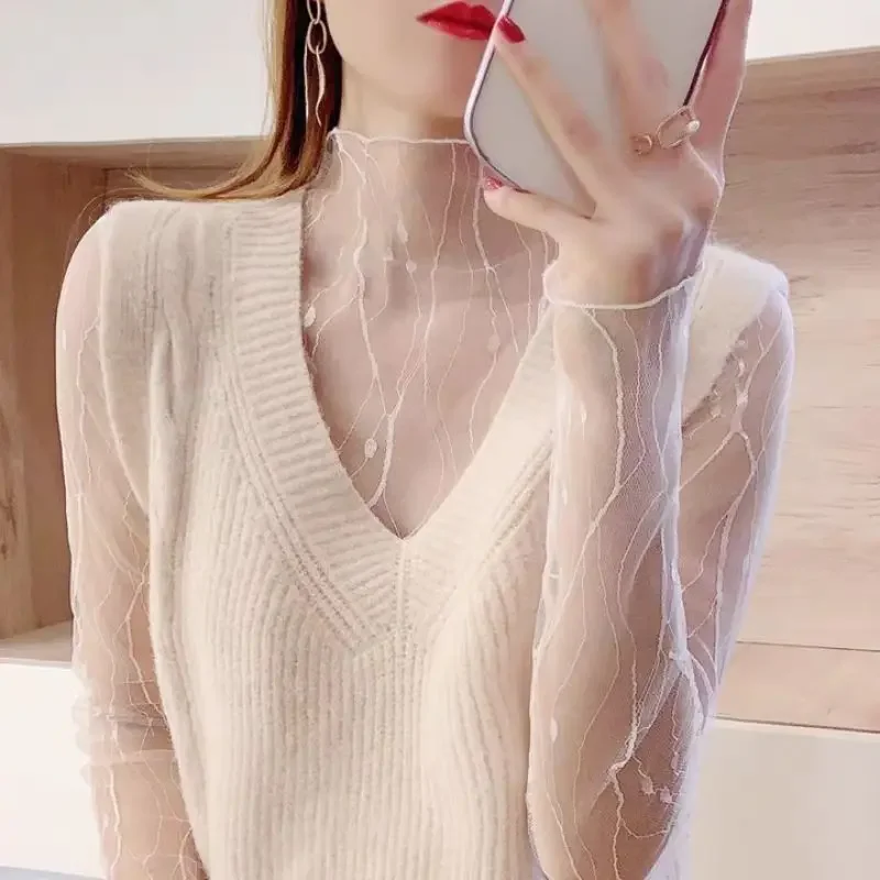 Fashion Women Long Sleeve Mesh Tops Sexy Mesh See Through Tank Tops Slim Ladies Turtleneck T-Shirt Summer Shirt Tunic For Girls