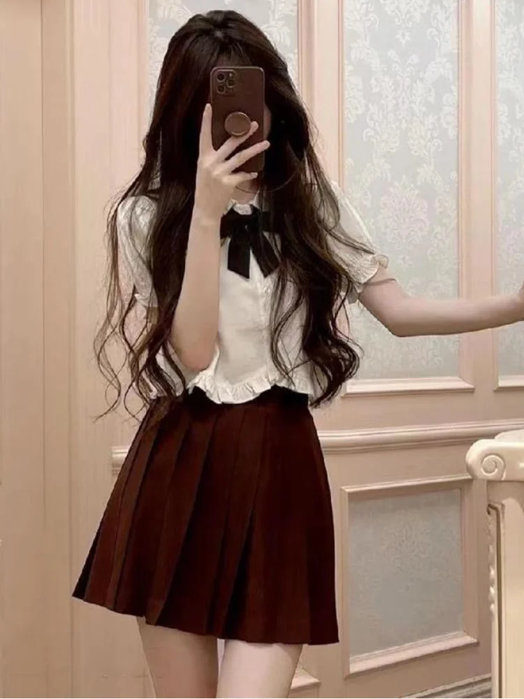 Summer Peter Pan Collar Sweet Womens Blouse Y2k Aesthetic Short Sleeve Bow Blusas Japanese Ruffled Pleated Fairy Fashion Shirt