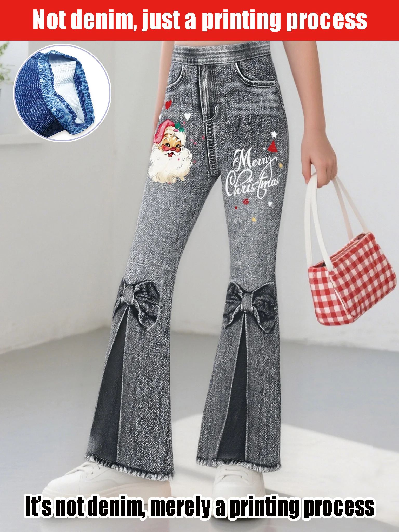 

2025 Hot-selling Christmas Girls Pink Flared Pants Nine-point Pants, Santa Element Printing, Children's Casual Imitation Jeans