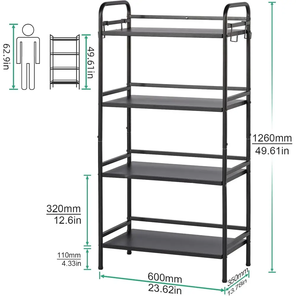 رف معدني من 4 طبقات للتخزين والمرآب والغسيل والمطبخ والمخزن، 23.6 عرض × 13.8 عمق × 50 ارتفاع، أسود