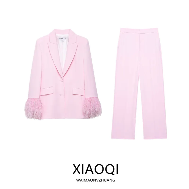 

Summer 2025 Women's Faion Suit Set Long Pants Cuff Feathers All-Match Sle Polyester Material Button Closure Two-Piece Set