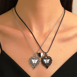 2pcs Magnetic Attraction Heart Pendant Necklace for Couples Oil Drip Butterfly Personality Choker Necklace Jewelry Accessories