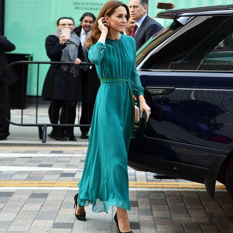 Princess Kate Middleton 6XL Long Dress Spring Workplace Office Pure Color With Belt Dress Elegant High Quality Long Green Dress