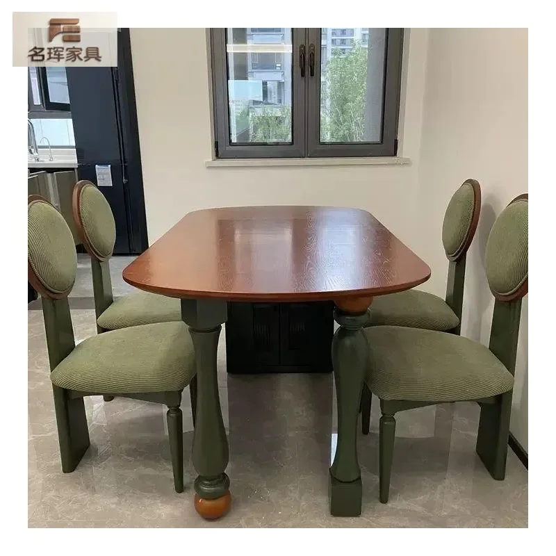 Light Luxury French Retro Solid Wood Dining Table Small Apartment Pine Dark Green Rectangular Antique Style Internet