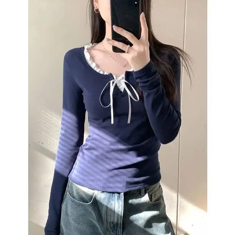 لوسيفر Y K بلوزات نسائية كلاسيكية قصيرة أنيقة مكشكشة من الدانتيل بلوزات مرقعة للخريف والشتاء بأكمام طويلة تي شيرت نسائي