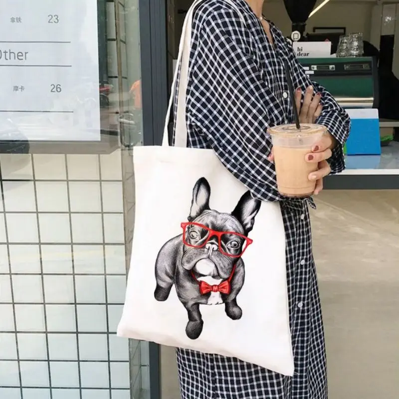 French Bulldog Print Shoulder Bags Women Large Capacity Graphic Shopping Bag No Zipper Girls Canvas Casual Harajuku Tote Handbag