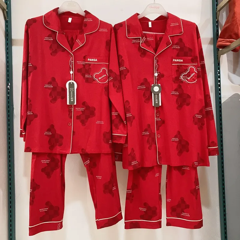 漫画純綿パジャマカップルホーム服赤結婚祝いセット春の新作若者長袖ニット綿