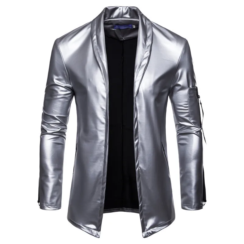 

Silver Metallic Men's PU Leather Jackets Spring Autumn Slim Fit Slightly Elastic Coats Men Fashion Punk Motorcycle Riding Blazer