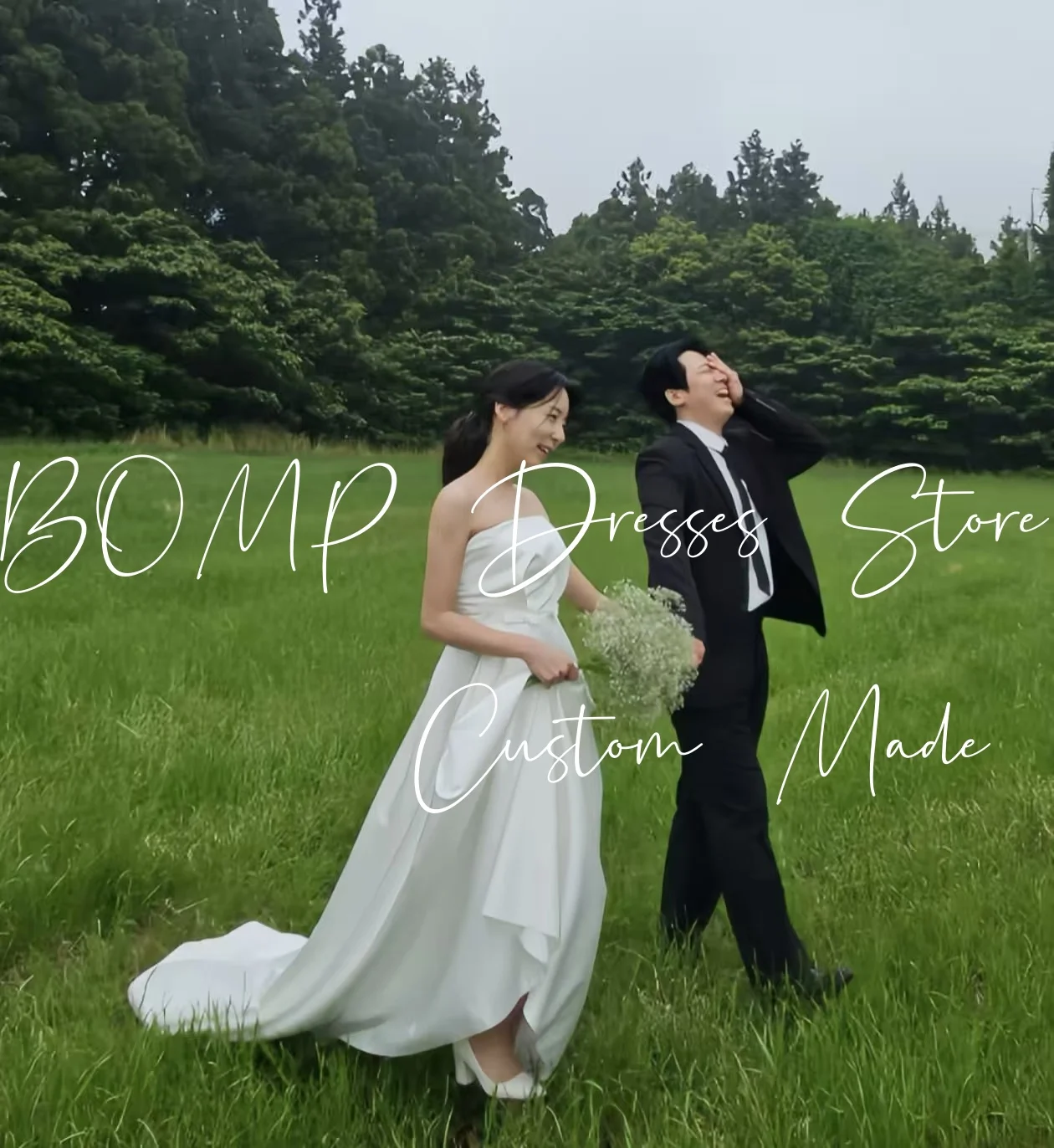 BOMP – robe de soirée de mariage Simple, sans bretelles, avec nœud, ligne a, traîne de balayage, taffetas ivoire, séance Photo coréenne, robe de réception de mariée personnalisée