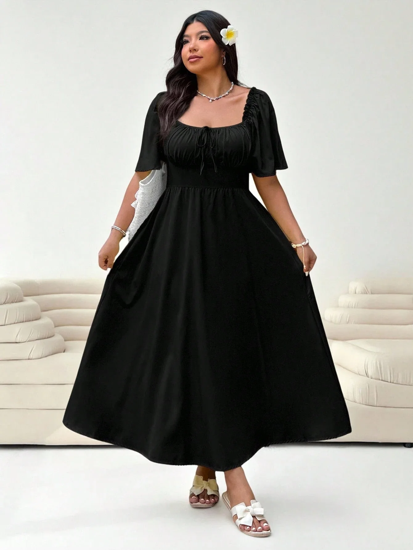 

Plus Size Women Black Off Shoulder Long Dress Spring Summer Casual Elegant