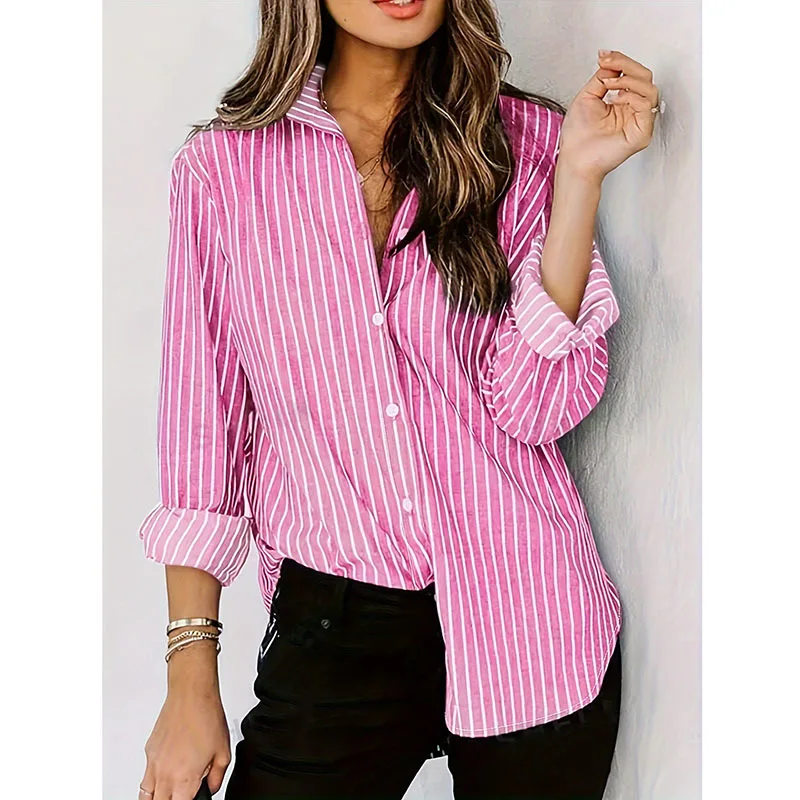 

Pink Striped Long Sleeve Blouses Women Harajuku Streetwear Loose Buttons-Up Shirt Woman Versatile Casual Turnd Own Collar Shirt