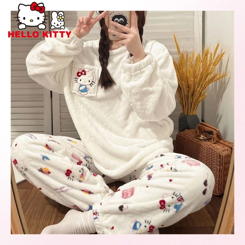 Hello Kitty Long Sleeved Pajamas Women Plush Pajamas Suit Winter Thickened Comfortable Printing Girl Cute Warm Household Clothes